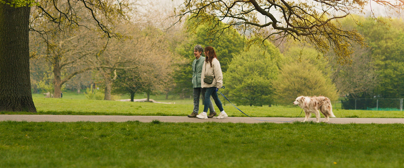 Two people walking a dog on a park path under tree branches.