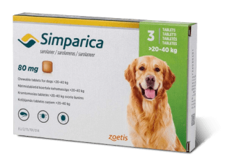 Simparica 80 mg tabletas para perros de 20 a 40 kg con imagen de un golden retriever en el empaque