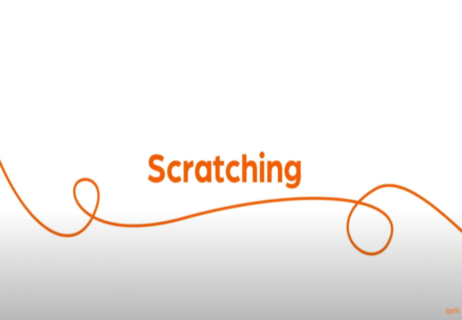 Text "Scratching" with orange swirl on white background.