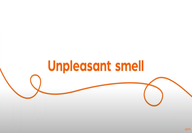 Text "Unpleasant smell" with orange swirl on white background.