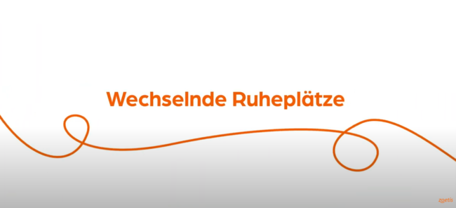 Text „Wechselnde Ruheplätze“ mit orangefarbener Spirale auf weißem Hintergrund.