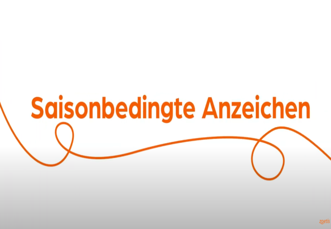 Text „Saisonale Anzeichen“ mit orangefarbener Spirale auf weißem Hintergrund.