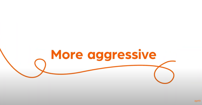 Text "More aggressive" with orange swirl on white background.