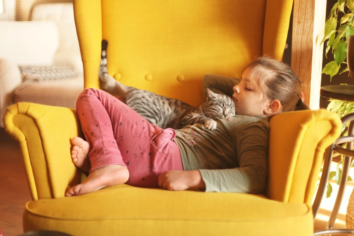 Child napping on yellow chair with cat cuddled on her chest.