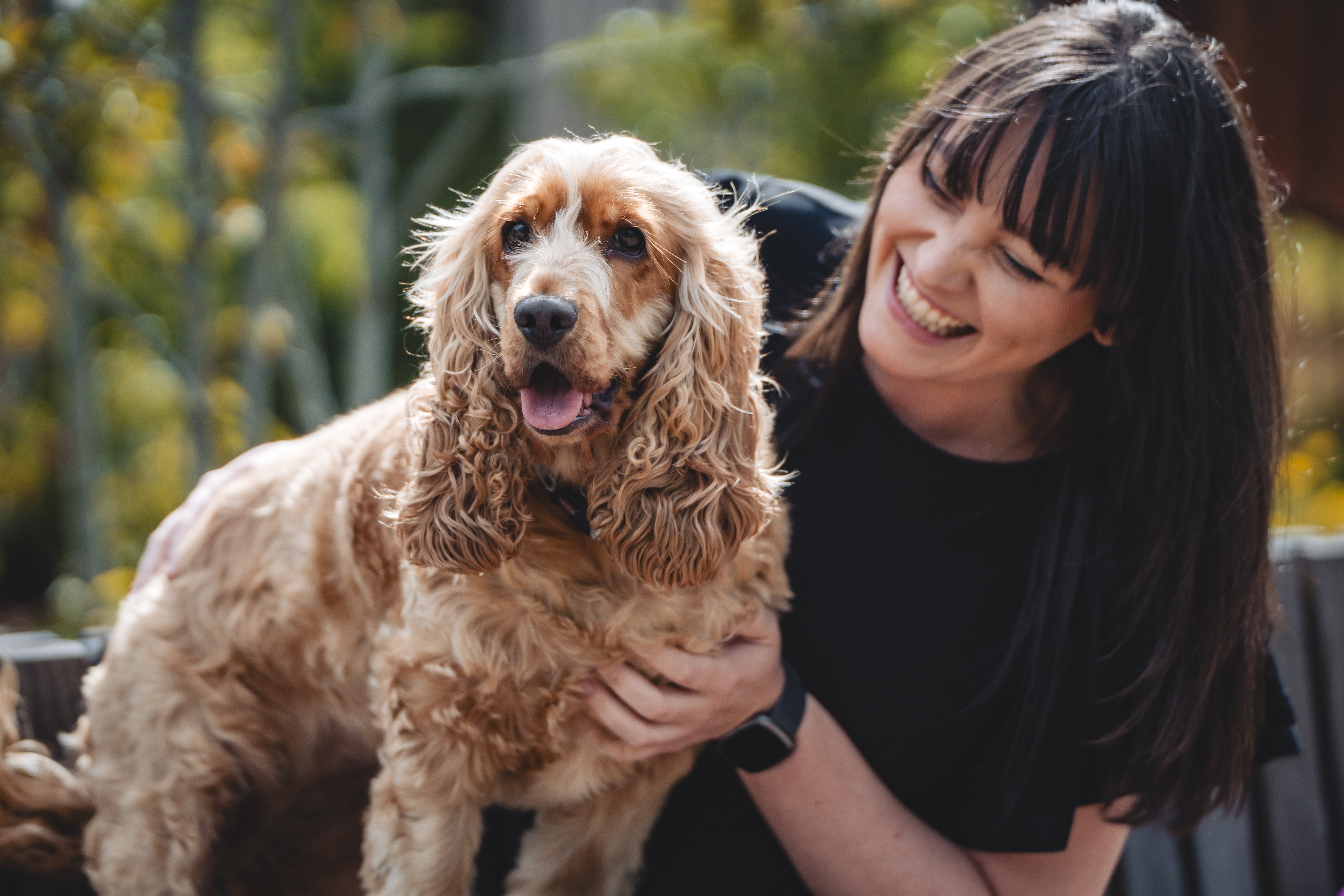 Mujer sonriente sosteniendo un perro spaniel feliz al aire libre.
